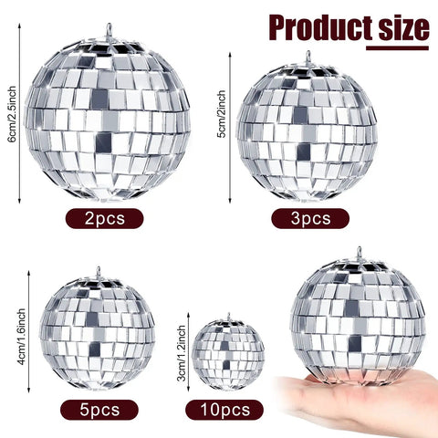Varied size chart of 20 Piece Mini Mirror Disco Balls Set With Rope Assorted Silver Reflective Party Decor