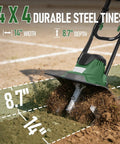 Powerful 14 Inch Electric Tiller Cultivator With 10 Amp Motor close-up of tilling soil with four steel tines.