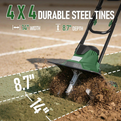 Powerful 14 Inch Electric Tiller Cultivator With 10 Amp Motor close-up of tilling soil with four steel tines.