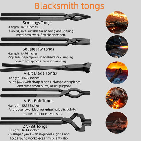 Five Piece Blacksmith Tools Kit With Pro Grade V Bit Tongs V Bit Bolt Scrolls Square Jaw And Blade And Hammer High Carbon Steel Forging Set