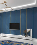 Living room with blue wall, accented by 32.8Ft Peel And Stick Molding Trim For Mirror, Wall, Ceiling, Floor, Cabinet And Tile Edges.