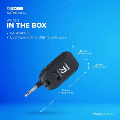 Katana Go Personal Headphone Amp For Guitar And Bass With Stage Ready Katana Tones, Spatial Tech, Tone Editor, And Bluetooth Music Streaming For Backing Tracks And On The Fly Jams shown with dimensions and USB cable.
