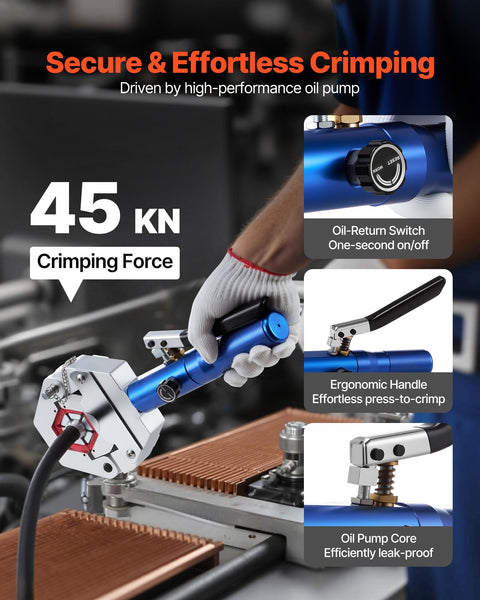 Hydraulic Hose Crimper Kit With 7 Dies For Auto AC Repair in use showing ergonomic handle and 45 kN crimp force.