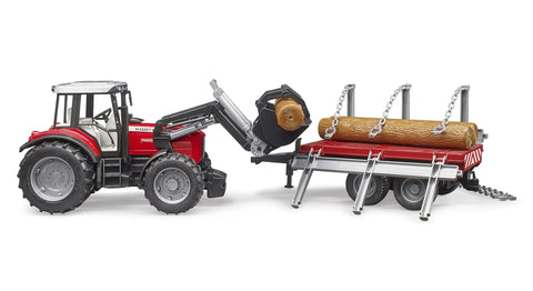 Massey Ferguson 7480 Tractor With Detachable Front Loader And Timber Trailer Set carrying tree trunks, demonstrating off-road ability.