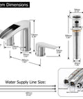 Brushed Nickel Waterfall Bathroom Faucet For Your Vanity Sink Widespread 3 Hole 8 Inch Design Solid 304 Stainless Steel Construction Includes Pop Up Drain And Water Supply Lines with item dimensions and components shown