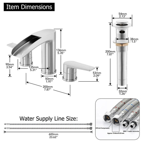 Brushed Nickel Waterfall Bathroom Faucet For Your Vanity Sink Widespread 3 Hole 8 Inch Design Solid 304 Stainless Steel Construction Includes Pop Up Drain And Water Supply Lines with item dimensions and components shown