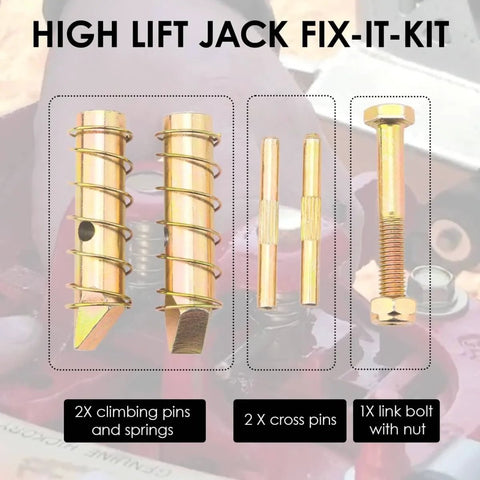 Beefed Up Fix It Kit For Heavy Duty Lift Jacks Replacement FK 1 With Pins Springs Cross Pins Link Bolt Nut visible contents