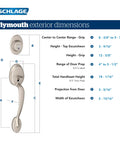 Front Entry Handleset With Flair Lever In Antique Brass dimensions chart with Plymouth style exterior door hardware measurements.