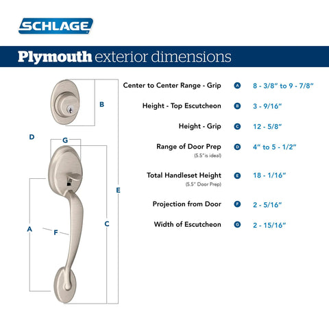 Diagram showing dimensions of Plymouth Front Entry Handleset With Flair Lever And One Sided Keyed Deadbolt Satin Nickel Finish