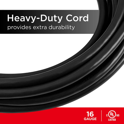 Close-up of Two Pack 50 Ft Outdoor Extension Cords With Three Outlets Grounded Power Strip Heavy Duty 16 Gauge UL Listed