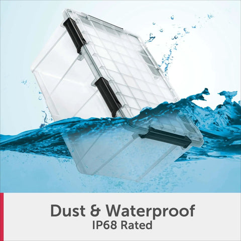 Massive 80 Quart Clear Plastic Storage Bin With Hella Tight Waterproof Seal And Heavy Duty Latches For Stacking Bulky Comforters And Camping Gear In Every Corner in water, showcasing its waterproof design.