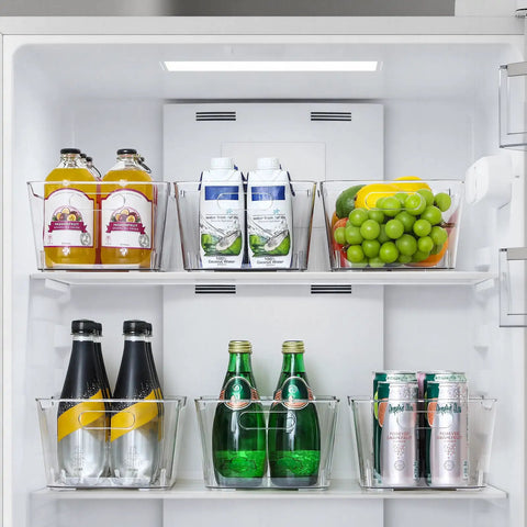 Straight Up Kitchen Pantry Game Changer This Twelve Pack Of Clear Plastic Storage Bins And Bold Black Labels enhances organization of beverages in a fridge.