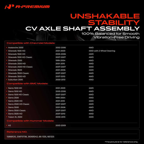 Compatibility chart for CV Axle Shaft Assembly For Chevy Silverado 1500 2500 3500 HD Suburban 2500 Avalanche 2500 GMC Sierra Yukon XL 2500 Hummer H2 1999 To 2013 4WD Front Left Or Right Beefed Up With 6 Bolt Holes And Neoprene Boot