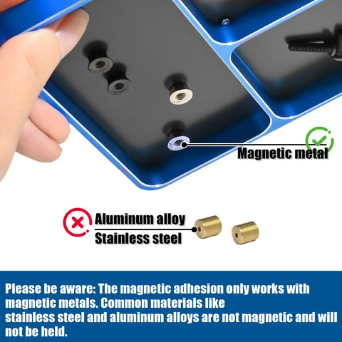 Magnetic Screw Organizer Tray for RC Models, Electronics and Phone Repair, showing magnetic metal compatibility, 3 compartments.
