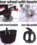 Rear wheel bearing, plastic basket, non-slip pedals of Three Wheel Cruiser Tricycle For Kids Outdoor Fun With Adjustable Handlebar And Seat, Pneumatic Tire Spoked Wheels, Pedals And Single Brake, Back Seat Tandem Ride, Durable Rickshaw Style Trike For Casual Hangin Out