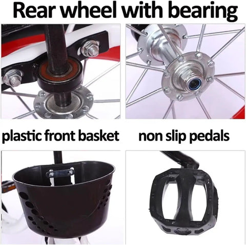 Rear wheel bearing, plastic basket, non-slip pedals of Three Wheel Cruiser Tricycle For Kids Outdoor Fun With Adjustable Handlebar And Seat, Pneumatic Tire Spoked Wheels, Pedals And Single Brake, Back Seat Tandem Ride, Durable Rickshaw Style Trike For Casual Hangin Out