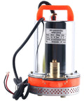Top Shelf 12 Volt Dc Solar Water Pump Built Like A Tank For Farm And Ranch Jobs Featuring 26 Feet Of Lift Power Plus 100 Liters Per Minute Flow Through 1 Inch Outlet Stainless Steel Submersible Design Zero Hassle Operation In Vibrant Orange Finish, showing handle and electrical cord.