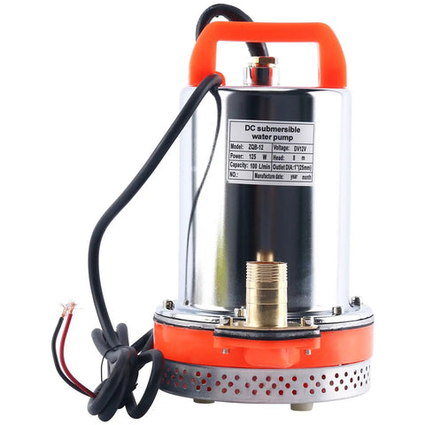 Top Shelf 12 Volt Dc Solar Water Pump Built Like A Tank For Farm And Ranch Jobs Featuring 26 Feet Of Lift Power Plus 100 Liters Per Minute Flow Through 1 Inch Outlet Stainless Steel Submersible Design Zero Hassle Operation In Vibrant Orange Finish, showing handle and electrical cord.