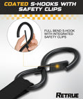 Close-up of coated S-hooks with safety clips on Heavy Duty Self Retracting Ratchet Straps 10 Feet 1500 Lb Break Strength.