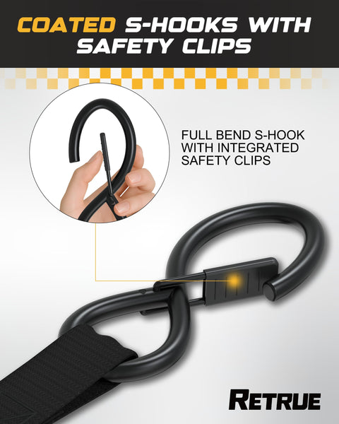 Close-up of coated S-hooks with safety clips on Heavy Duty Self Retracting Ratchet Straps 10 Feet 1500 Lb Break Strength.