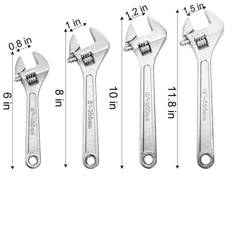 Four Piece Adjustable Crescent Wrench Set With 6 8 10 12 Inch Wrenches Made From CRV Steel, Heat Treated And Chrome Plated