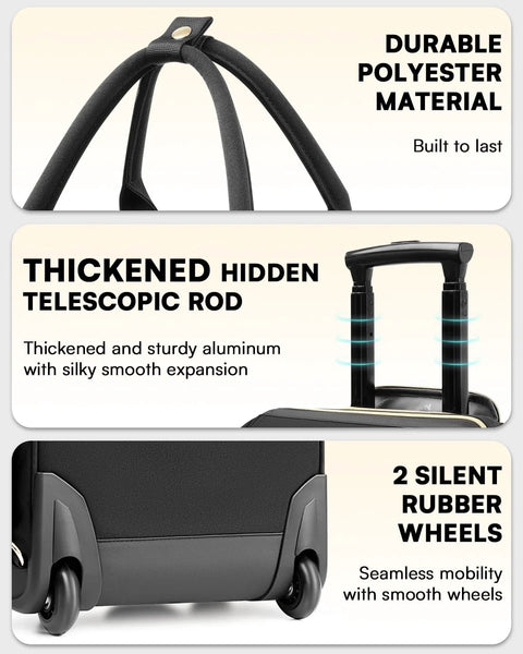 Arcoyard rolling backpack for women, black polyester travel luggage with telescoping rod and two silent wheels.