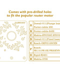 Rock Solid Router Guide Rail Adapter With Swivel Quick Adjust For Curved Arc Projects Universal Fit pre-drilled for popular router motors.