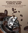 Level Up Your Daily Brew With This Bang For Your Buck Electric Coffee Grinder Featuring 75 Stepless Speeds And A Premium 40mm Burr For Zero Mess Single Dose Prep That Makes Flavor Hit Different. Close-up of stainless steel conical burr with coffee beans.