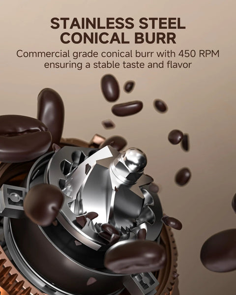 Level Up Your Daily Brew With This Bang For Your Buck Electric Coffee Grinder Featuring 75 Stepless Speeds And A Premium 40mm Burr For Zero Mess Single Dose Prep That Makes Flavor Hit Different. Close-up of stainless steel conical burr with coffee beans.