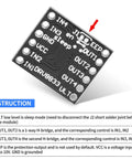 Top view of Dual Channel DC Motor Driver Board with H Bridge for DIY projects showing pin labels and connections.