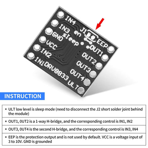 Top view of Dual Channel DC Motor Driver Board with H Bridge for DIY projects showing pin labels and connections.