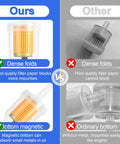 Comparison of 10 Pack Gas Inline Fuel Filters Quarter Inch And Sixteenth Inch With Magnets And Durable Clamps Universal Replacement Kit For Lawn Mowers And Small Engines For Kawasaki Kohler John Deere Includes 10 Filters And 10 Clips For Leak Proof Easy Install showing dense folds and bottom magnetic features versus other filters.