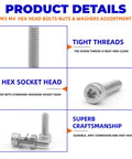 855 Piece Stainless Steel Machine Screws Nuts And Bolts Assortment Kit With Case For DIY Projects M2 M3 M4 Socket Head Cap Screws Washers And Nuts 304 Stainless Steel Rust Resistant Hardware Built For Quick Easy Builds, showing hex socket head and tight thread details.