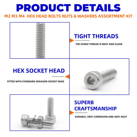 855 Piece Stainless Steel Machine Screws Nuts And Bolts Assortment Kit With Case For DIY Projects M2 M3 M4 Socket Head Cap Screws Washers And Nuts 304 Stainless Steel Rust Resistant Hardware Built For Quick Easy Builds, showing hex socket head and tight thread details.