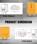XT60 Connector Plug Set With 5 Pairs Male And Female High Temp Nylon Bodies And Gold Plated Contacts dimensions diagram