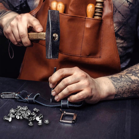 Crafting with Heavy Duty Chicago Screws And Leather Rivets Kit, 120 Pieces Rock Solid Hardware, using tools on leather.