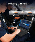 Tough As Nails Rugged Laptop With 15.6 Inch Sunlight Readable Display showing privacy camera features in police car.