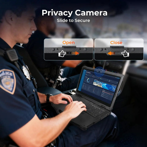 Tough As Nails Rugged Laptop With 15.6 Inch Sunlight Readable Display showing privacy camera features in police car.