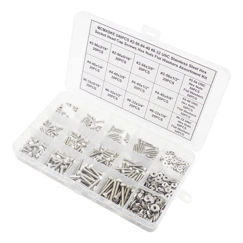 Open box displaying 540-Piece Stainless Steel Socket Head Cap Screws, Hex Nuts, And Flat Washers All-In-One Assortment Kit For 2-56, 4-40, And 6-32 UNC Threads