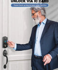 Person using IC card on Keyless Front Door Lock Set With Handle, App Controlled Fingerprint Door Lock, 150 Codes Keyed Entry Smart Deadbolt