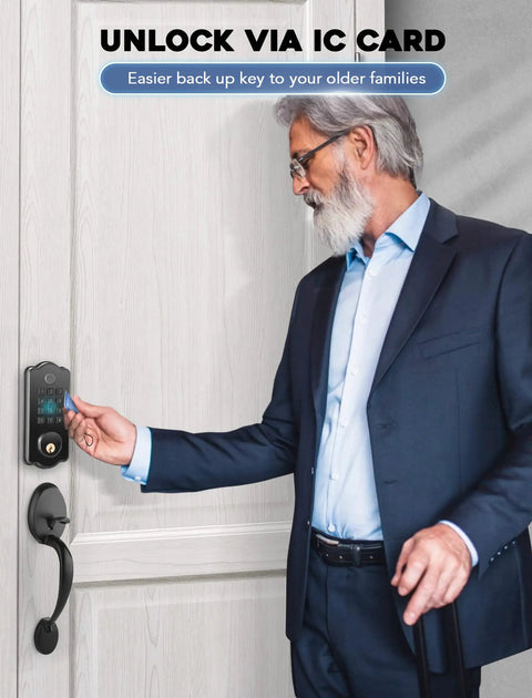 Person using IC card on Keyless Front Door Lock Set With Handle, App Controlled Fingerprint Door Lock, 150 Codes Keyed Entry Smart Deadbolt
