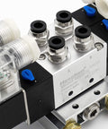 Close-up view of Electrical Pneumatic Twin Solenoid Valve 5/2 Way Internally Piloted, 24VDC, PT1/4 Ports, with manifold base.