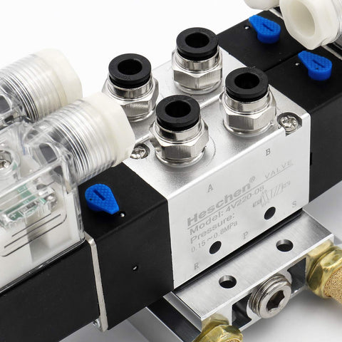 Close-up view of Electrical Pneumatic Twin Solenoid Valve 5/2 Way Internally Piloted, 24VDC, PT1/4 Ports, with manifold base.