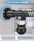 Black Adjustable Shower Curtain Rod 36 To 84 Inches Stainless Steel Non Rust Spring Tension No Drilling Non Slip Durable Waterproof Finish Easy Install For Bathroom And Window showing thickened spring holding 30lbs weight.