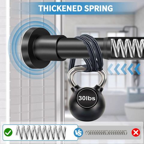 Black Adjustable Shower Curtain Rod 36 To 84 Inches Stainless Steel Non Rust Spring Tension No Drilling Non Slip Durable Waterproof Finish Easy Install For Bathroom And Window showing thickened spring holding 30lbs weight.