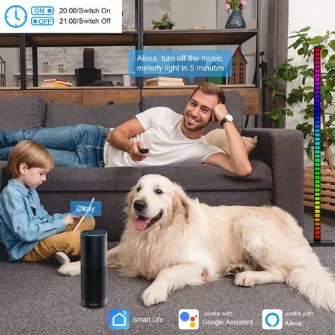 Family using Lit RGBICWW Floor Lamp With App And Voice Control, Music Sync in living room with voice command to Alexa.