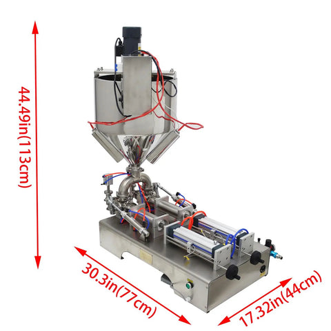 Heavy Duty Double Head Piston Liquid Filling Machine With Heating Stirrer And Mixer For Thick Pastes Cream Oil Chili Sauce Crushing 50 To 500 Ml Batches 110V Built Different Gear side view showing dimensions 44.49in x 30.3in x 17.32in