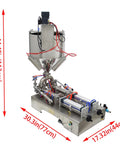 Dual Head Piston Filling Machine For Viscous Sauces And Creamy Lotions With Heated Hopper No Sweat Operation 50 To 500 Milliliter Capacity 110 Volt shown from the side with dimensions.