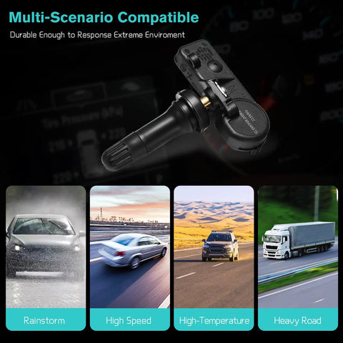 Pre Programmed TPMS Sensor For Chevy Aveo And Camaro No Programming Required Durable OE Quality Tire Pressure Monitoring System Plug And Play Install Long Lasting Sensors For Reliable Tire Readouts. shown with rain, speed, heat and heavy-road use
