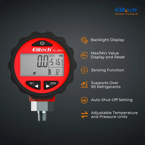 Pro Grade Two Way AC Manifold Gauge With Digital Pressure Readout for R134A R12 R22 R410A, backlit digital display features